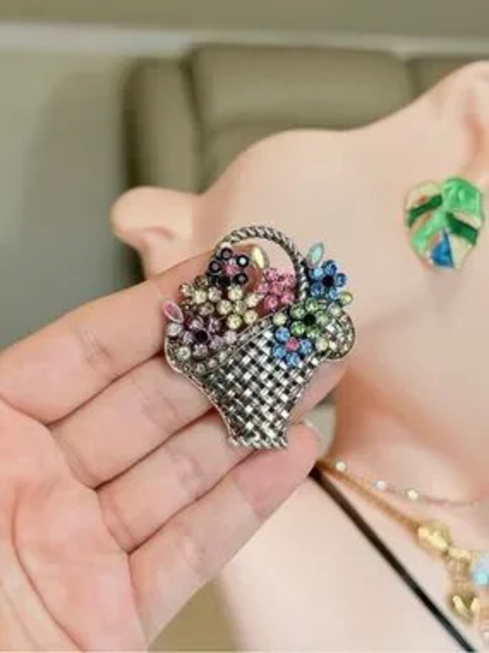 Multicolor Crystal Flower Basket Brooch
